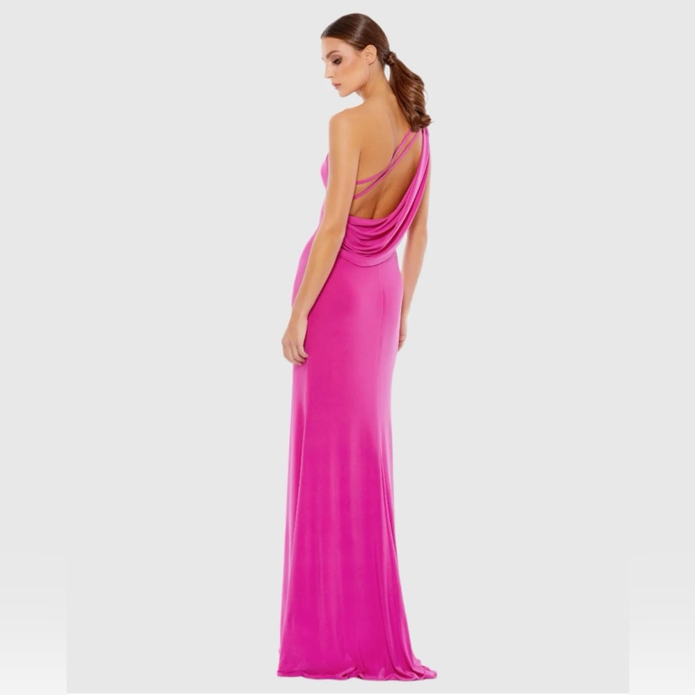 Max Duggal Jersey One Shoulder Draped Back Gown